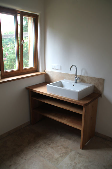 Bad Natursteinfliesen Lehmputz Waschtisch Eiche